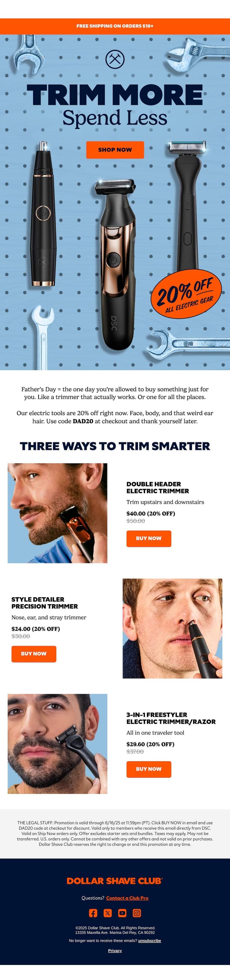 Image shows a Father's Day email from Dollar Shave Club with blue pegboard background displaying grooming tools and wrenches. Headline reads "Trim More, Spend Less" with 20% off electric gear promotion. Features three product offerings: Double Header Electric Trimmer ($40), Style Detailer Precision Trimmer ($24), and 3-in-1 Freestyler Electric Trimmer/Razor ($32), each with promotional pricing and "Buy Now" buttons.