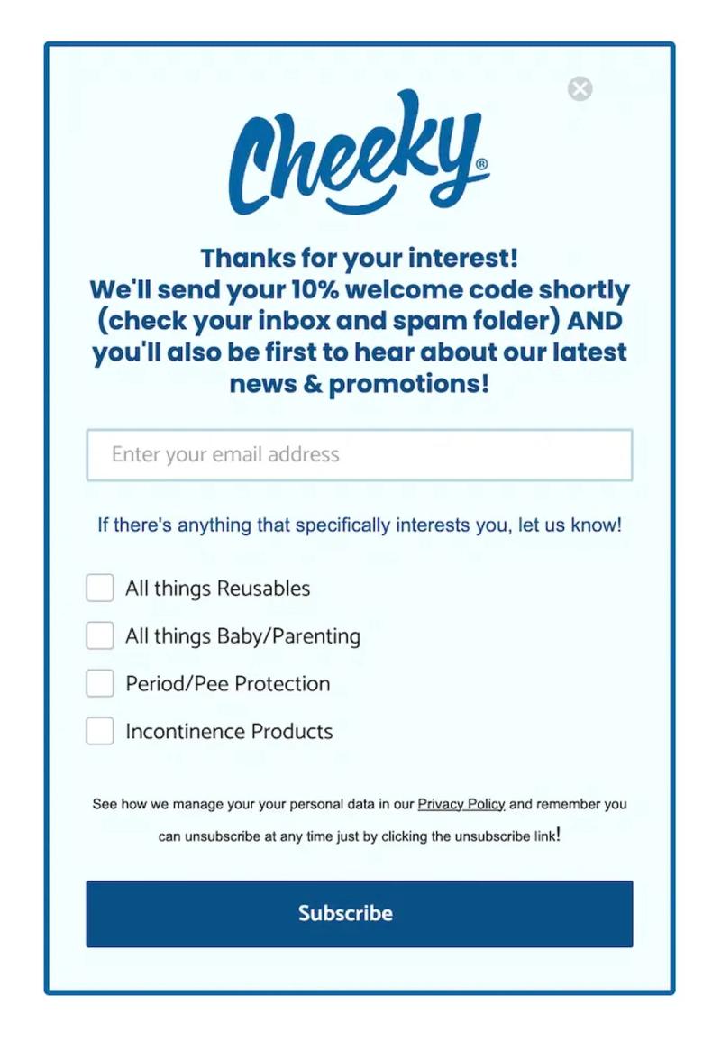 Cheeky email subscription pop-up offering a 10% welcome code and options to select interests.