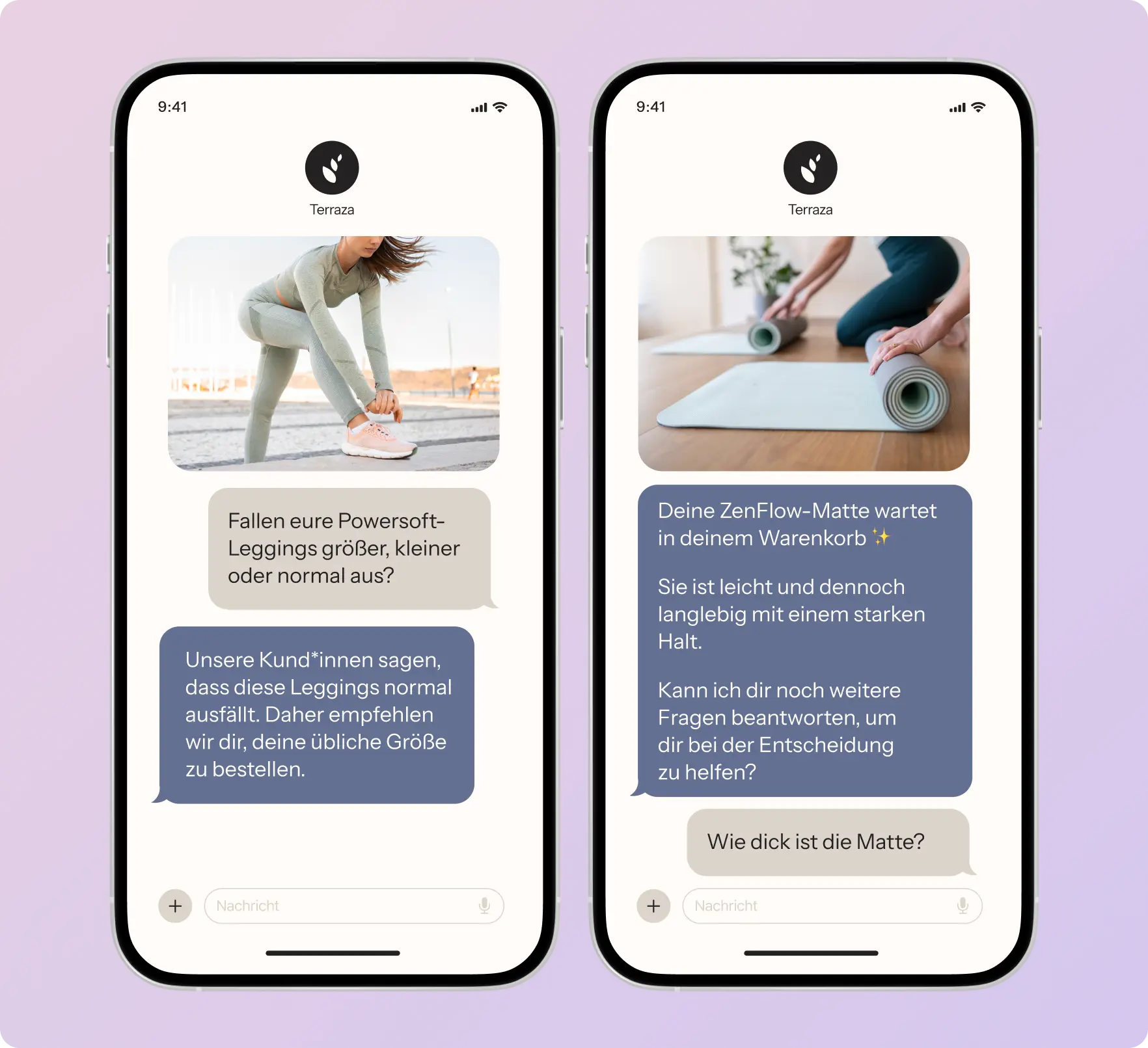 Zwei Smartphone-Bildschirme zeigen Chat-Nachrichten über Powersoft-Leggings und eine ZenFlow-Matte.