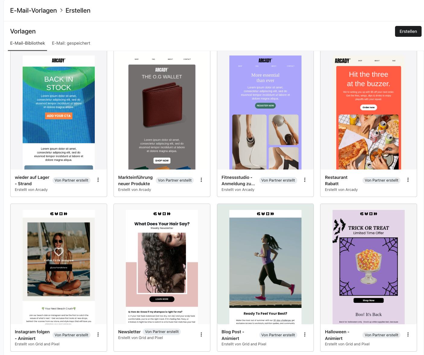 Screenshot einer E-Mail-Marketing-Plattform mit einer Vorlagenübersicht. Zu sehen sind mehrere Newsletter- und Kampagnenvorlagen für E-Commerce, Fitness, Gastronomie, Social Media und saisonale Aktionen.