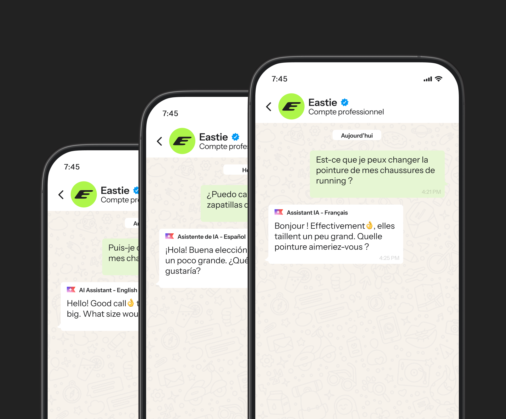 Three smartphones displaying chat conversations with an AI assistant in French, Spanish, and English regarding shoe size exchanges.