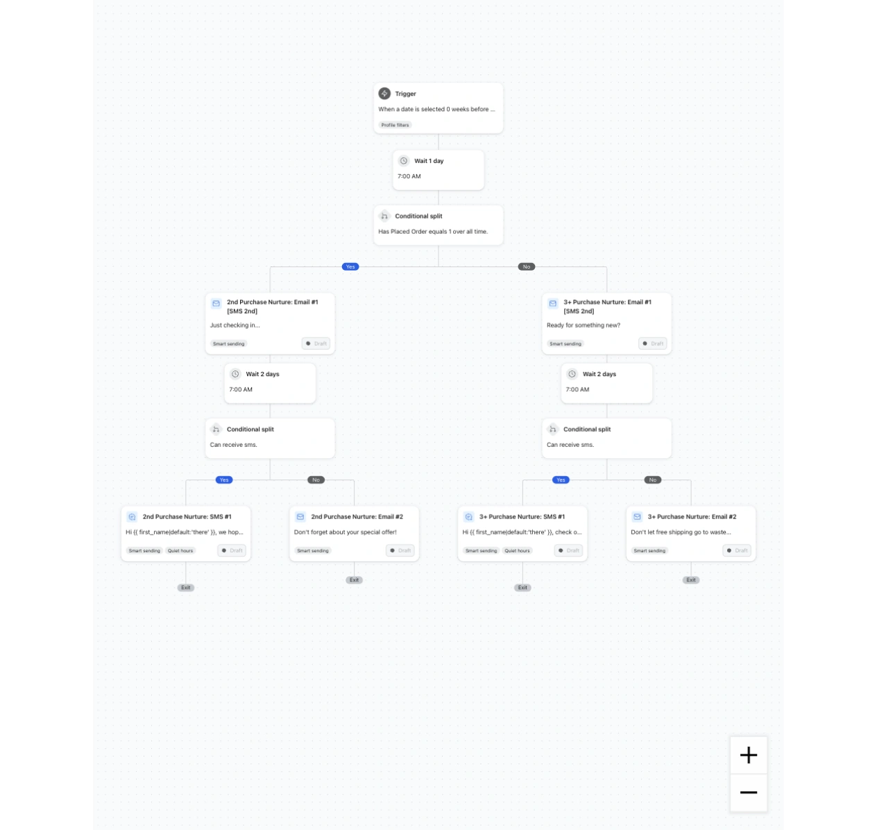 Automated customer nurture workflow branching into email and SMS messages based on purchase history and eligibility.