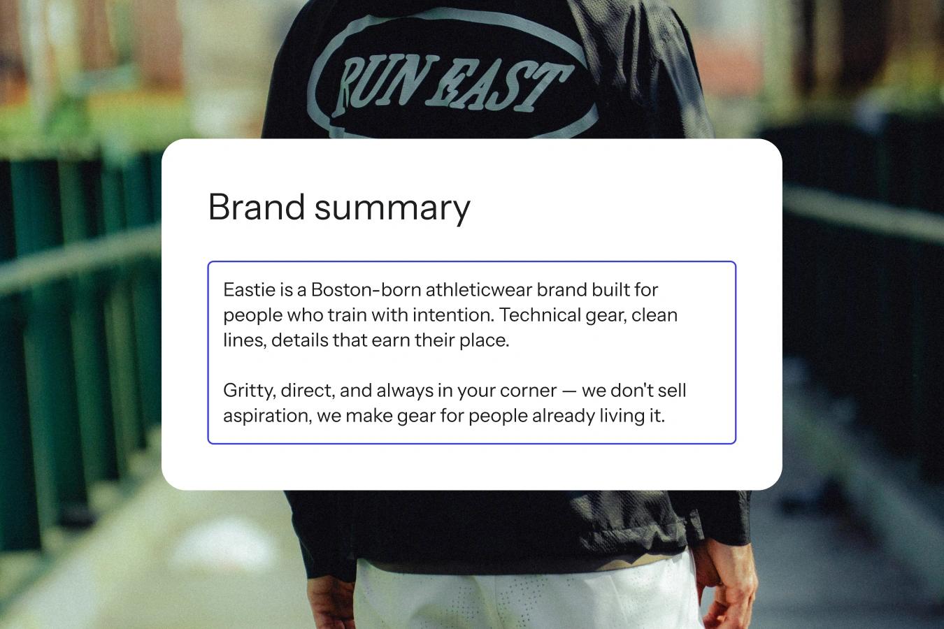 Brand summary text box over a runner wearing a black jacket with “RUN EAST” on the back.
