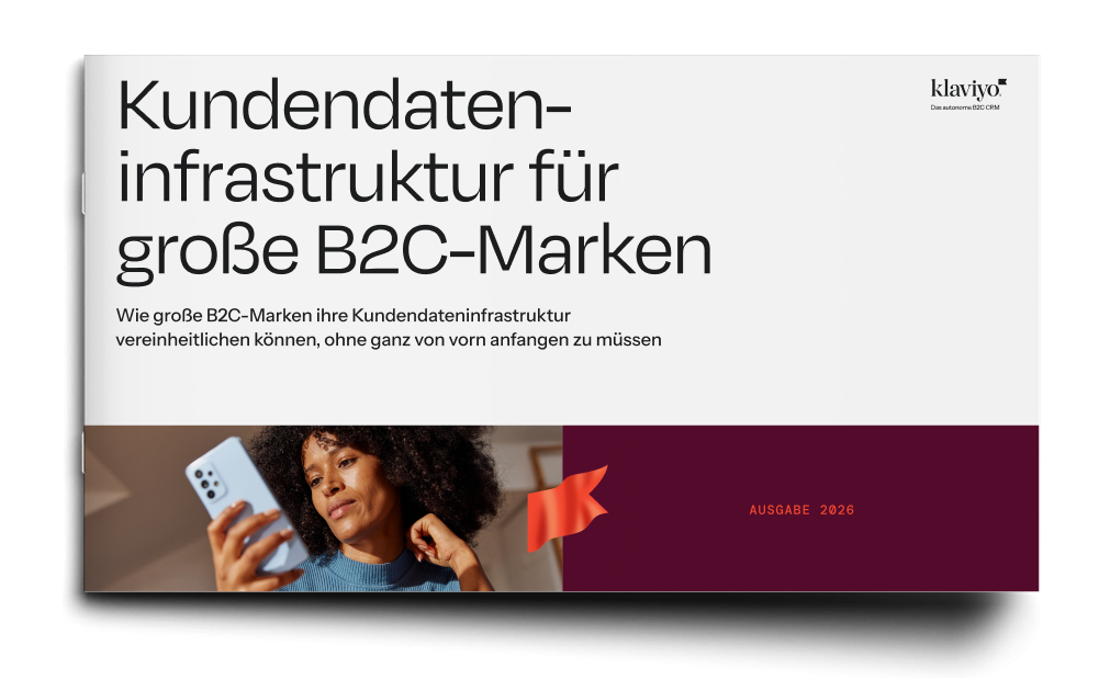 Klaviyo report cover titled 'Customer data infrastructure for large B2C brands,' featuring a woman looking at a smartphone.