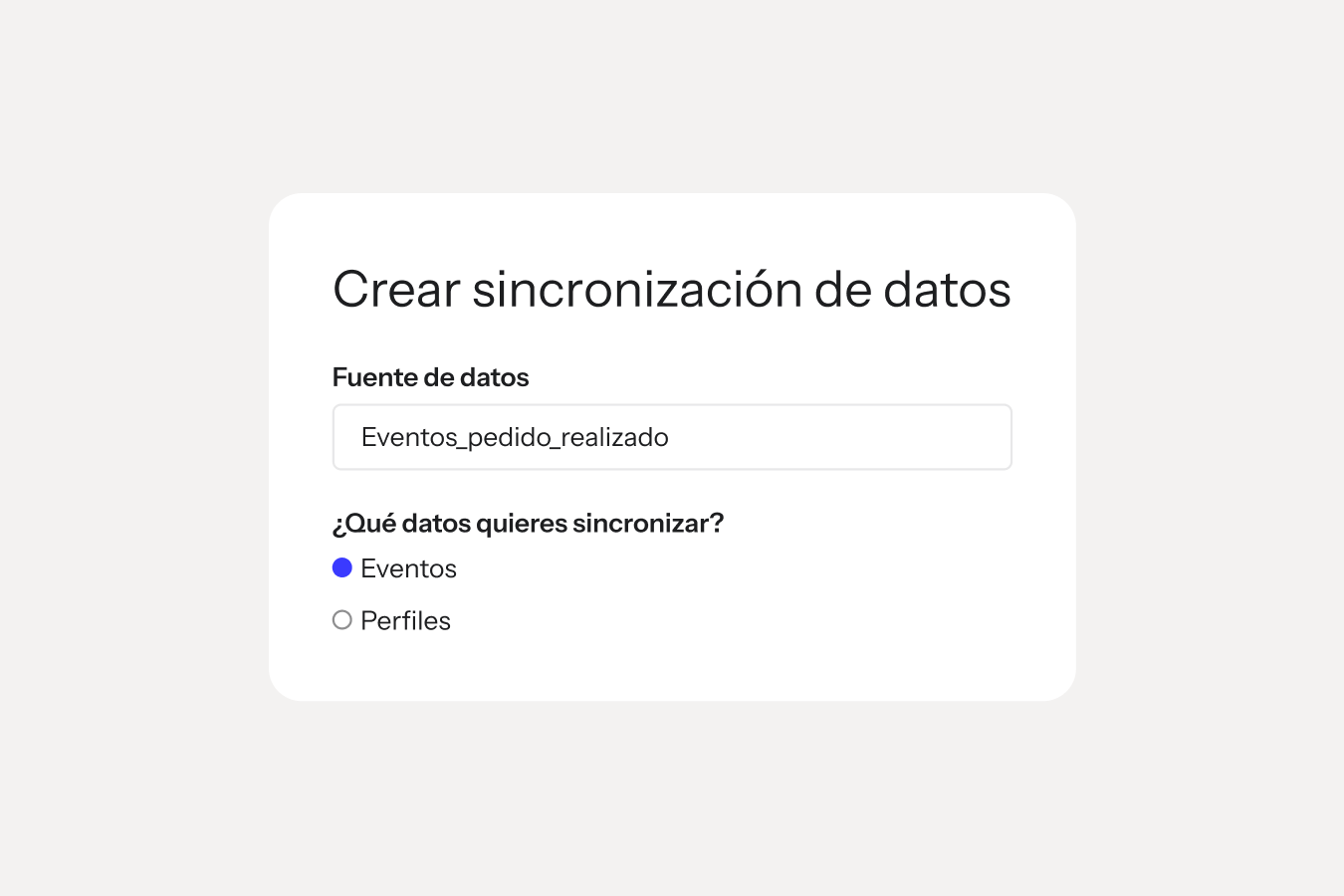 Formulario de creación de sincronización de datos con Events_placed_order como fuente de datos y Events seleccionado.