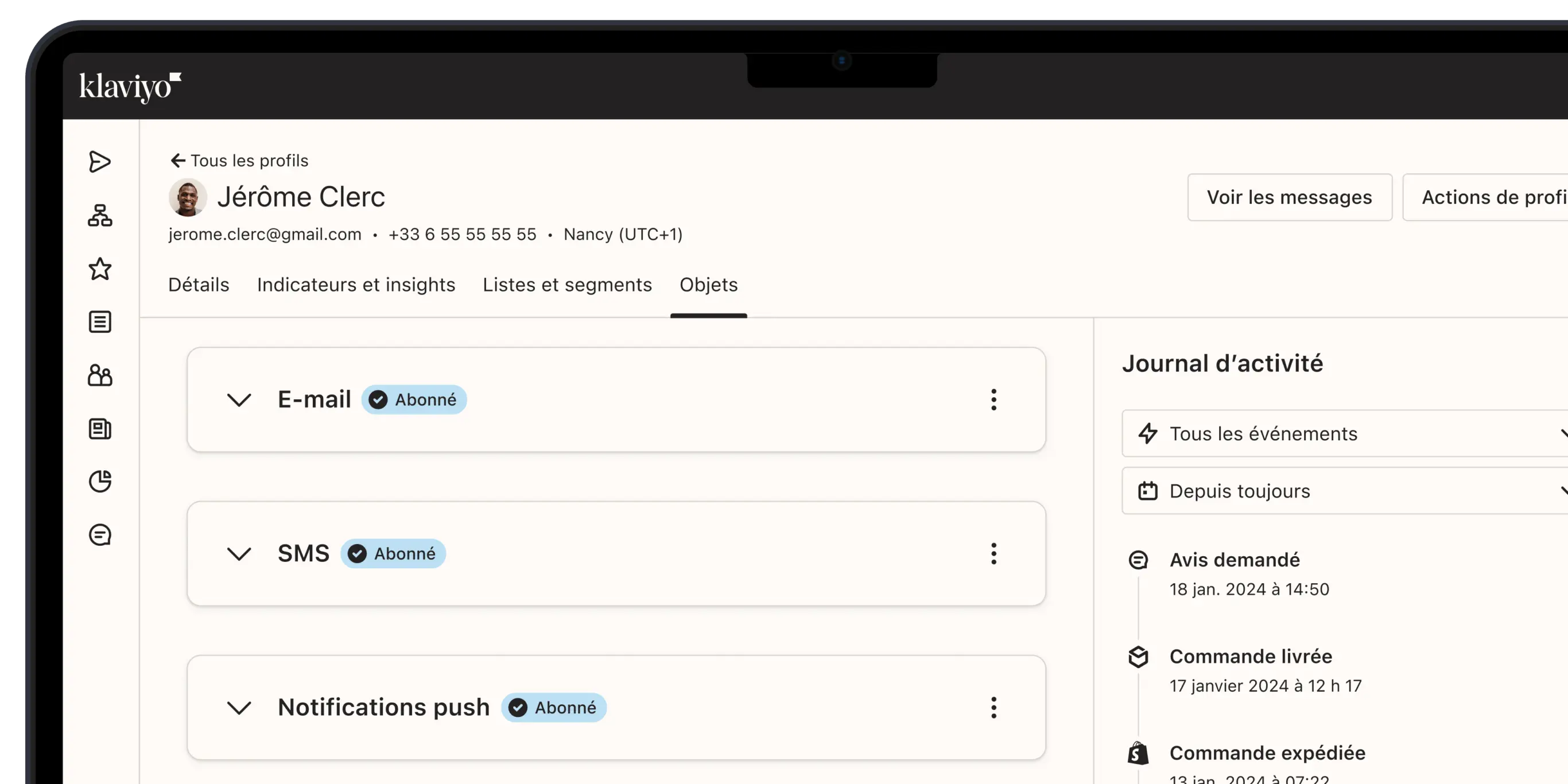 Interface utilisateur de Klaviyo affichant le profil de Jérôme Clerc avec des options de communication et un journal d'activité.
