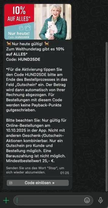 WhatsApp-Nachricht mit einem Rabattangebot von 10% auf alles zum Welthundetag. Enthält Anweisungen zur Code-Einlösung.