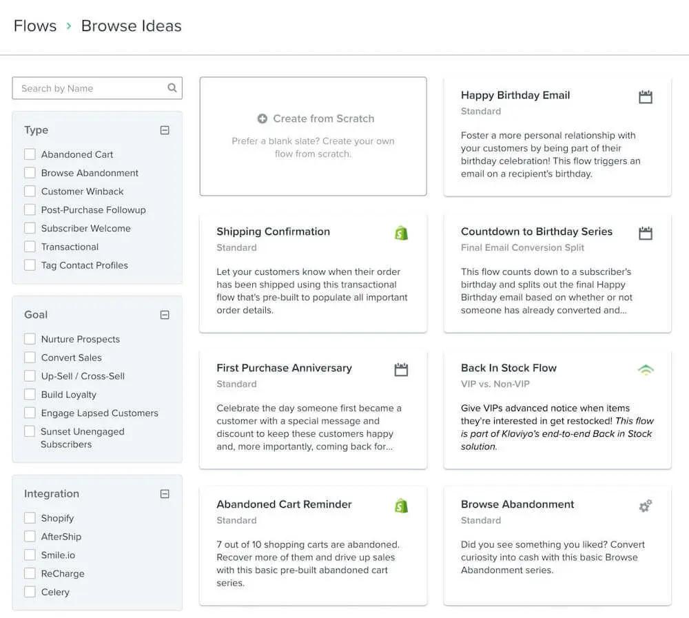 Image shows Klaviyo’s flow library including different types of pre-built automations, like shipping confirmations, first-purchase anniversaries, abandoned cart reminders, etc.
