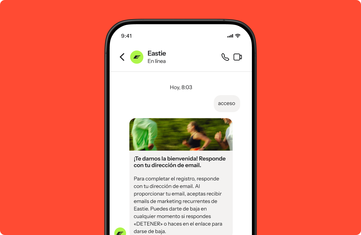 A smartphone displays a messaging app with a welcome message from "Eastie" and an image of people running.