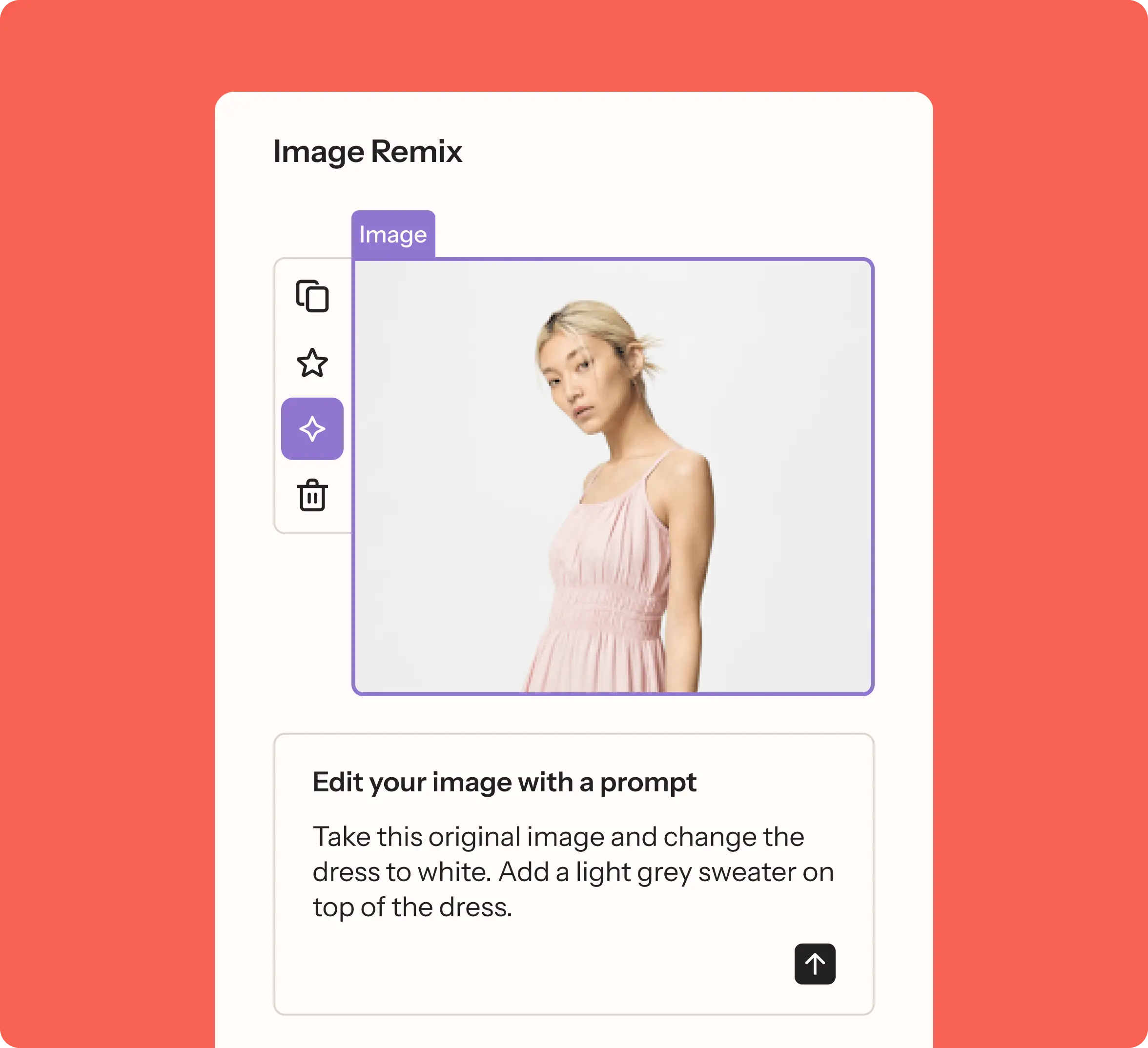 Image editing interface showing a woman in a pink dress with options to modify the image and a prompt to change the dress to white.