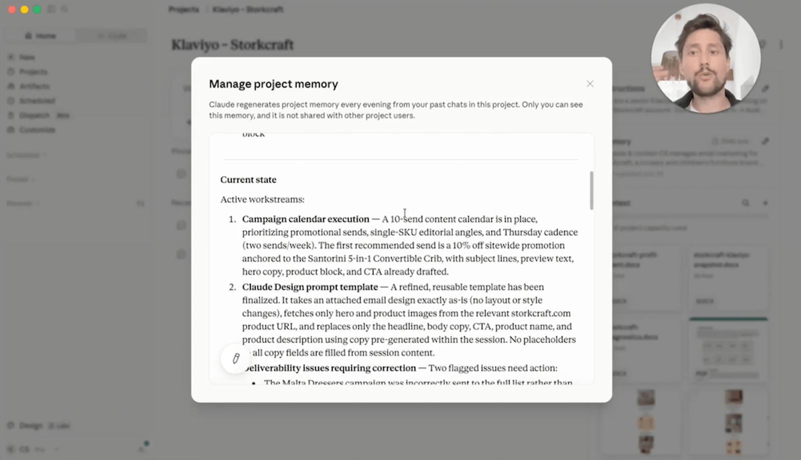 A pop-up window titled "Manage project memory" shows details about "Current state" and "Active workstreams" for "Klaviyo - Storkcraft," overlaid on a blurred desktop interface with a man's face in the top right.