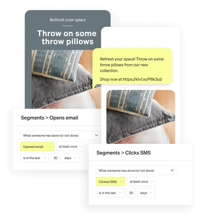 An email and a text message about throw pillows