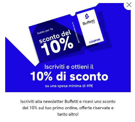 Buffetti coupon for 10% off first order when subscribing to newsletter.