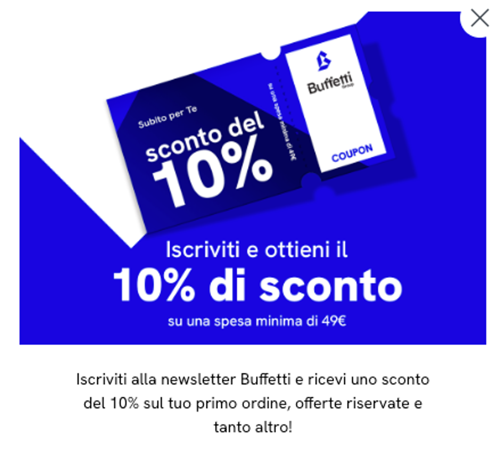 Buffetti coupon for 10% off first order when subscribing to newsletter.