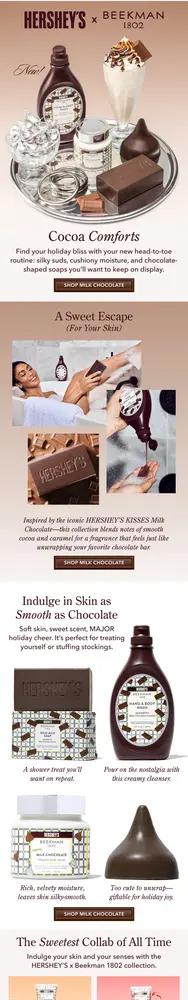 Hershey's x Beekman 1802 Valentine's Day marketing featuring chocolate-themed skincare products, including lotions and soaps.