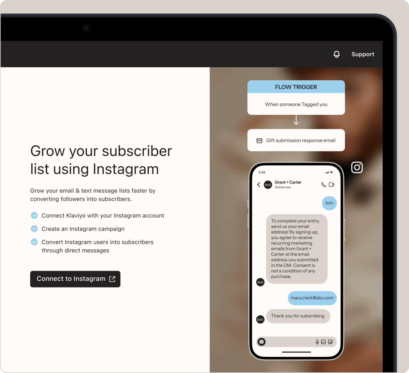 Grow your subscriber list using Instagram. Connect Klaviyo, create campaigns, and convert users through direct messages.