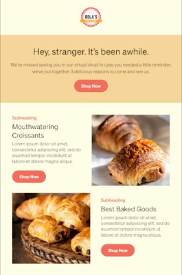 Email marketing from Bola's bakery featuring croissants, pain au chocolat, a welcome back message, and shop now buttons.