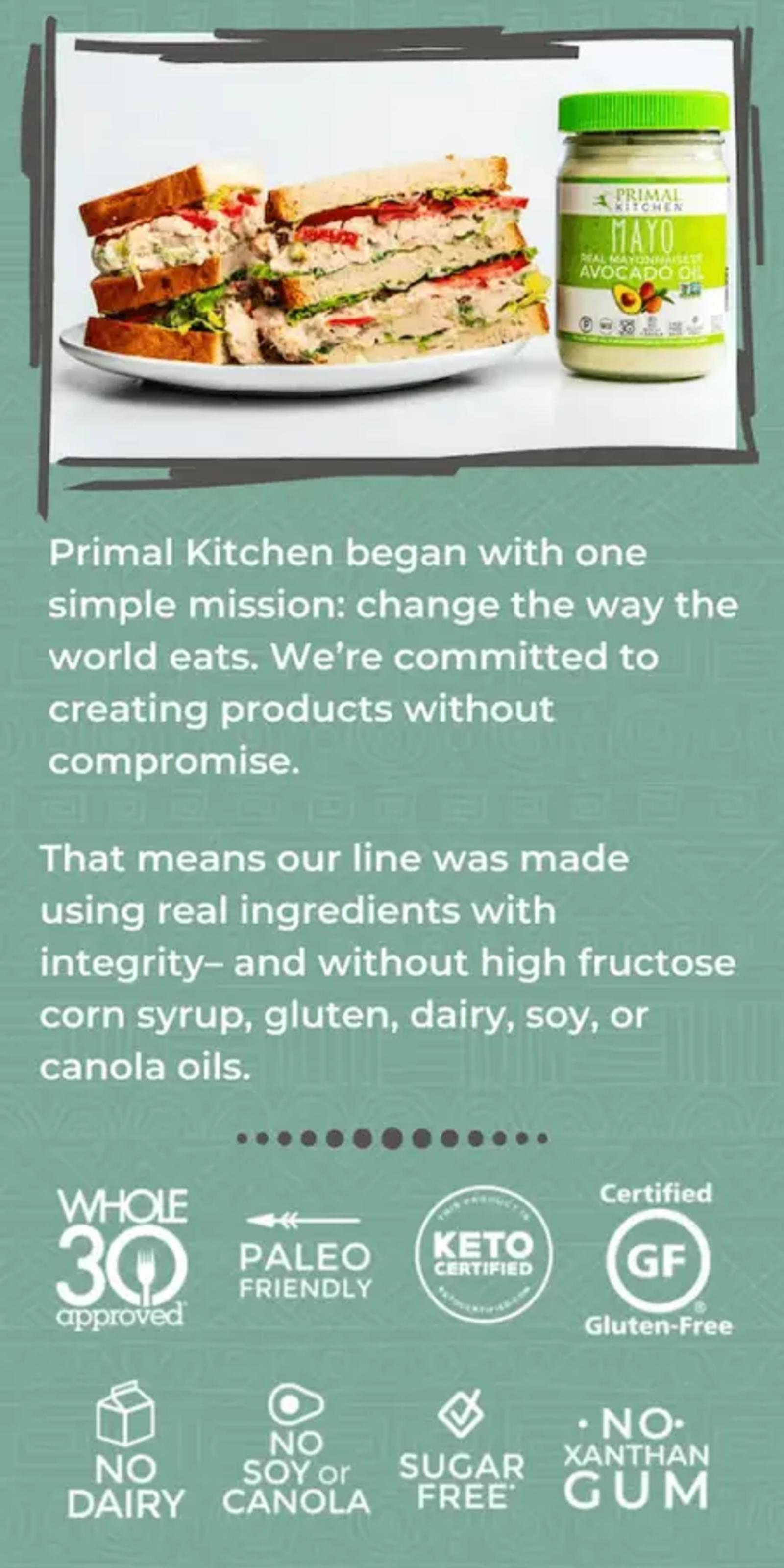 Email with a header image of a three-decker sandwich with red and green vegetables, white meat, and white bread. Beside it is a container of mayonnaise with green lid and a picture of avocados on it. Underneath text describes how Primal Kitchen products are made with real ingredients, with an assortment of nutritional icons underneath the text.