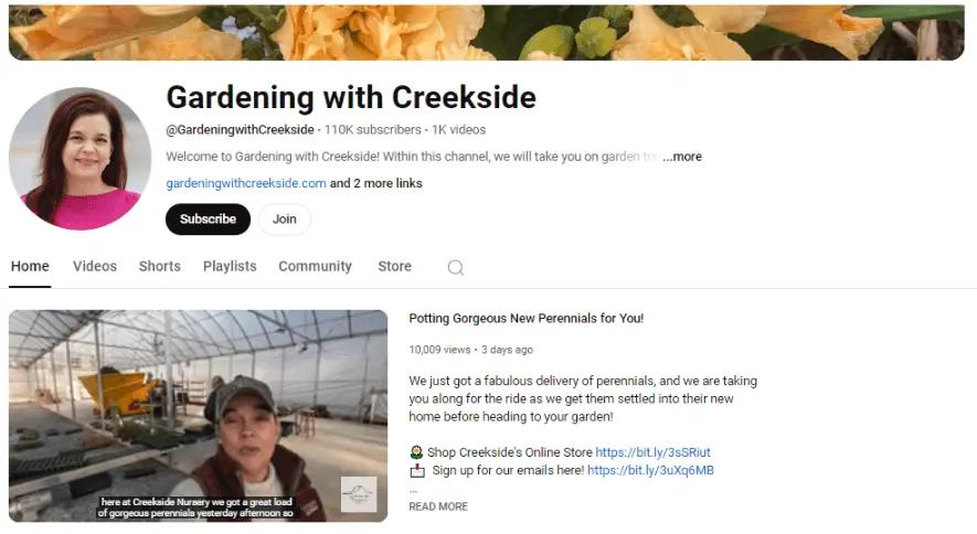 Image shows a screenshot from the Gardening with Creekside YouTube page, featuring a new video from the founder called “Potting Gorgeous New Perennials for You!”