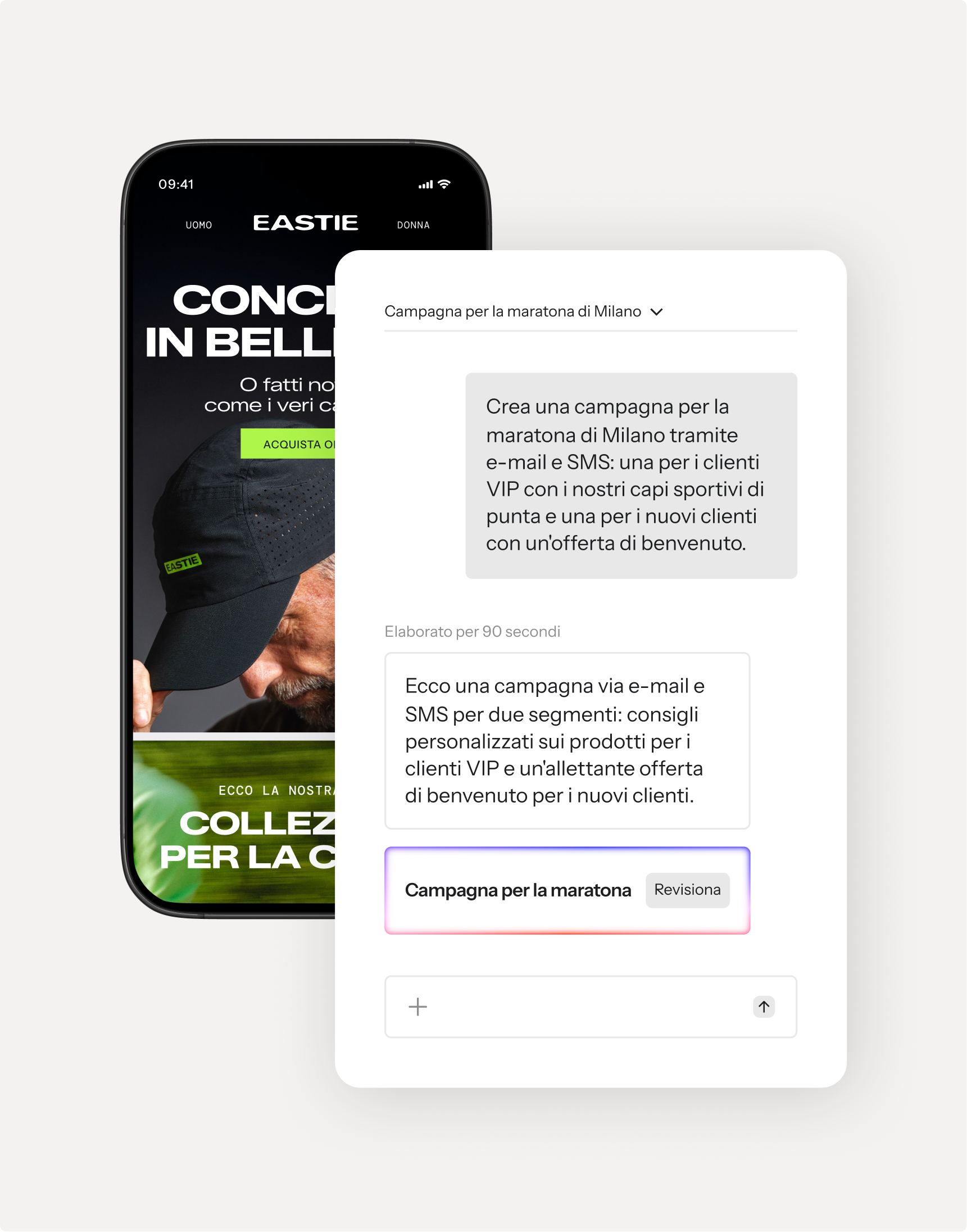 A smartphone showing an e-commerce site, partially obscured by a white pop-up window generating a marketing campaign for the Milan marathon.
