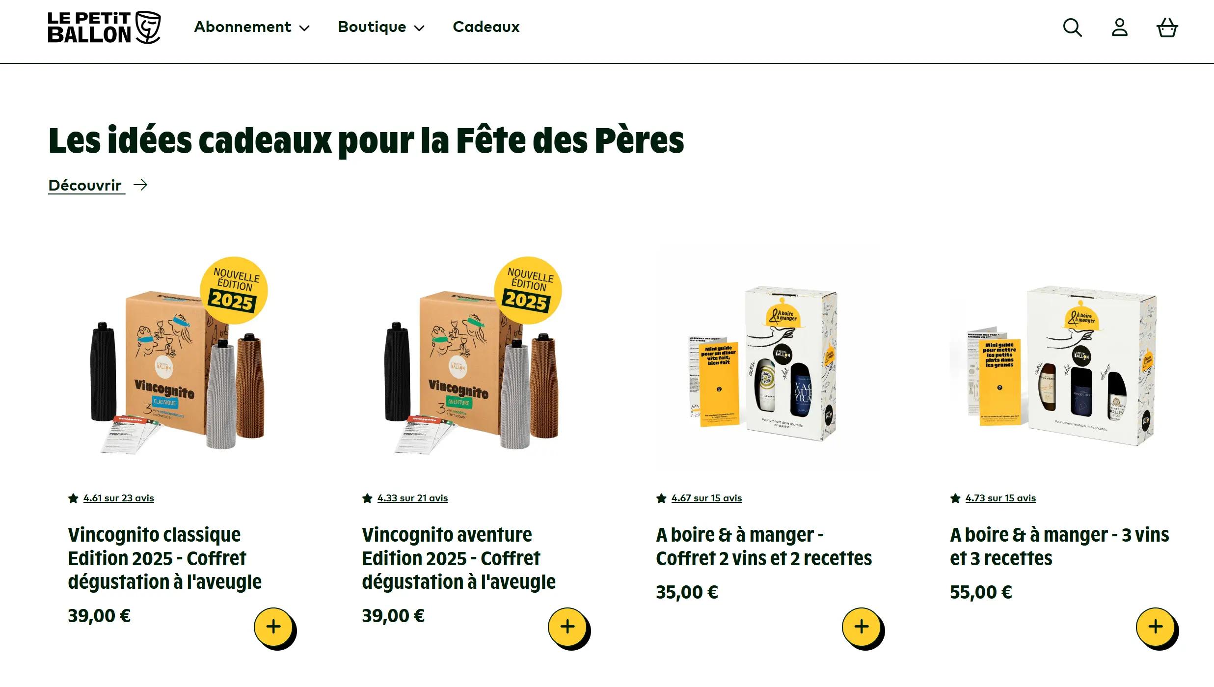 Coffrets cadeaux de la Fête des Pères 2025 proposés par Le Petit Ballon, incluant des box de dégustation de vins et des coffrets combinant bouteilles et recettes, à partir de 35 €.