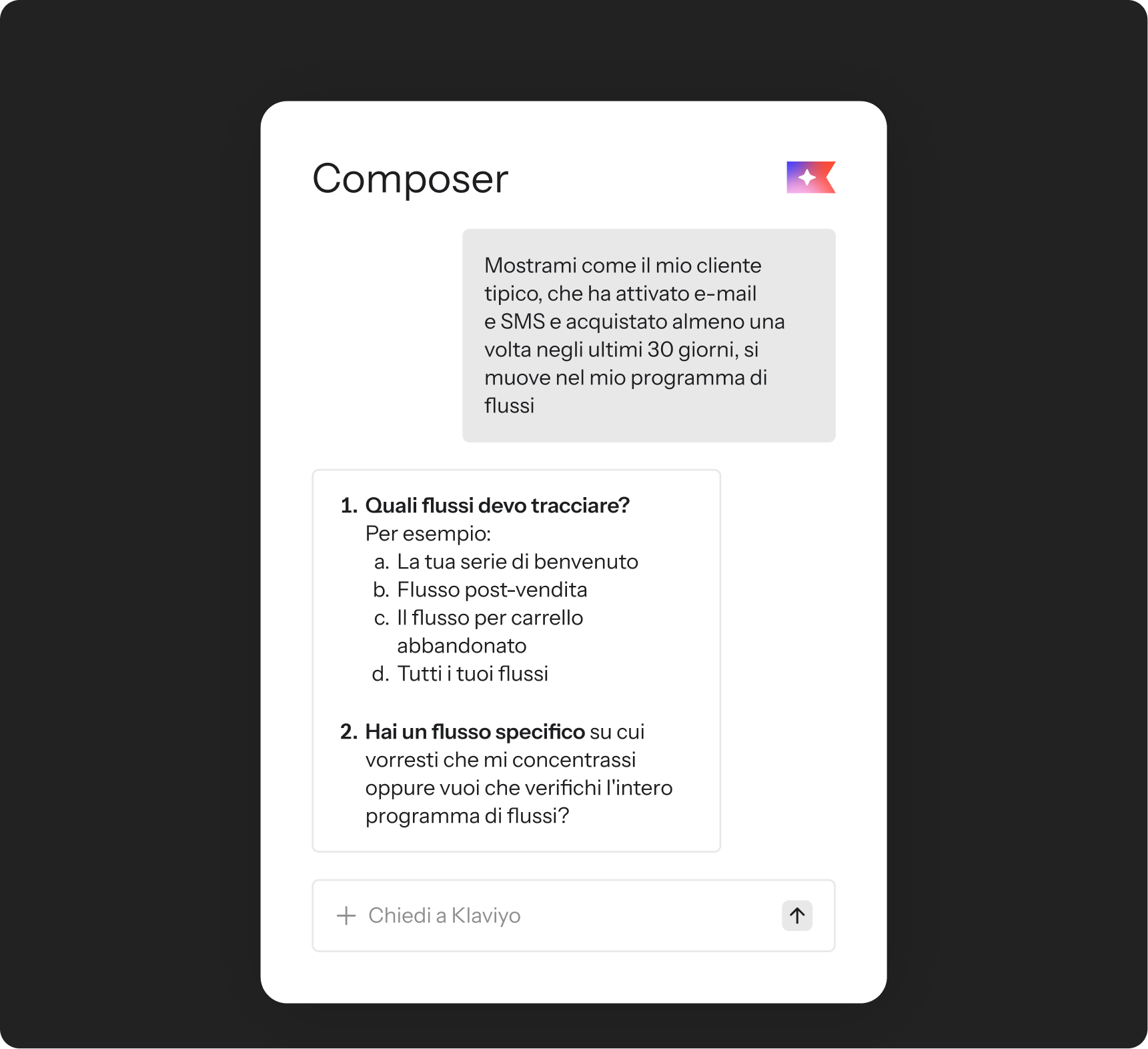A 'Composer' interface with prompts and questions about customer journey flows in Italian.