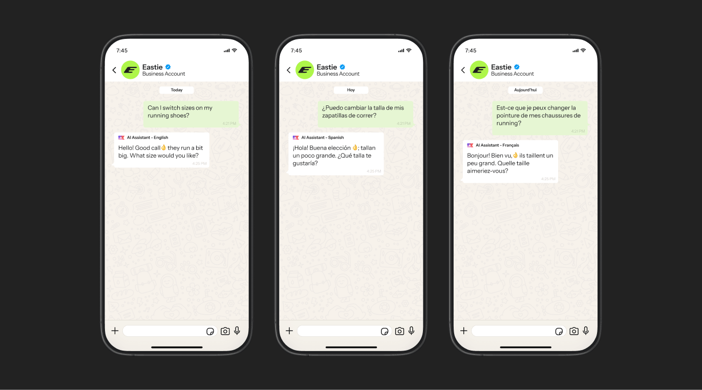Three smartphone screens displaying a multilingual AI customer service chat about changing shoe sizes in English, Spanish, and French.