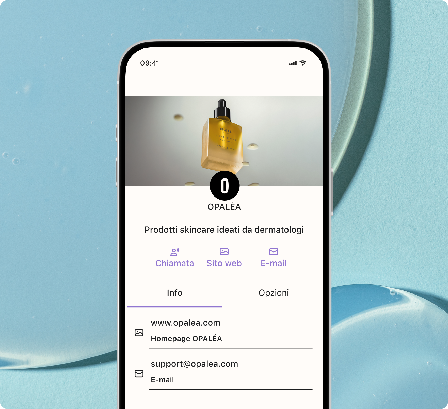 A smartphone displays the OPALEA skincare brand profile with a product image and contact information, on a light blue background.