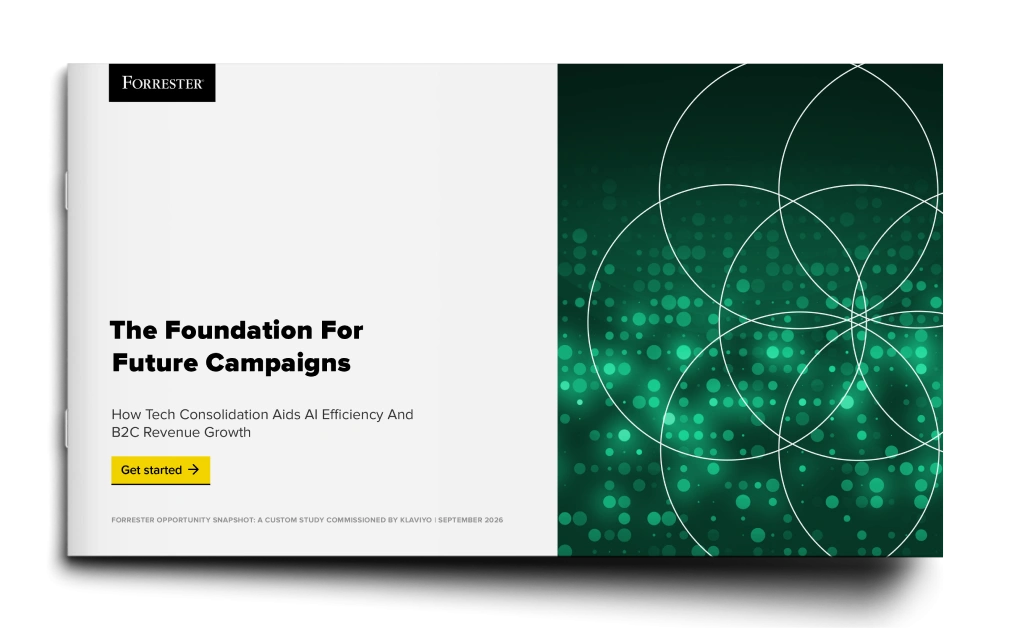Forrester report titled "The Foundation For Future Campaigns" with an abstract green and teal dot pattern on the right page.
