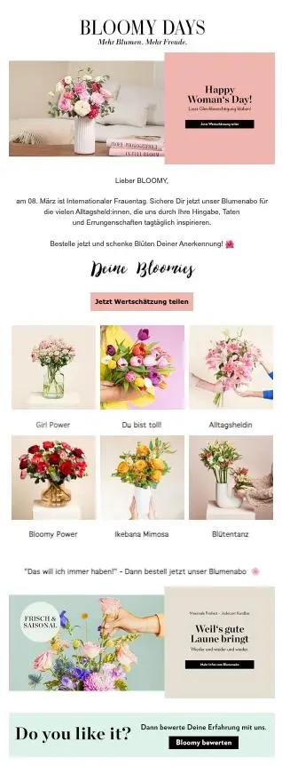 E-Mail-Marketing-Kalender für den Frauentag von Bloomy Days mit Blumenarrangements und Texten zur Feier des Internationalen Frauentags.