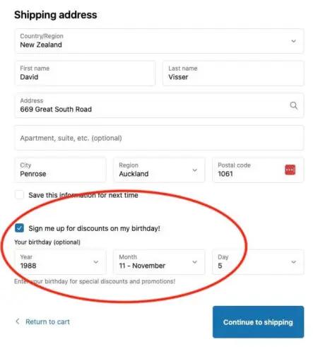 Image shows what the checkout screen looks like once you’ve set up checkout blocks to collect a shopper’s birthday.