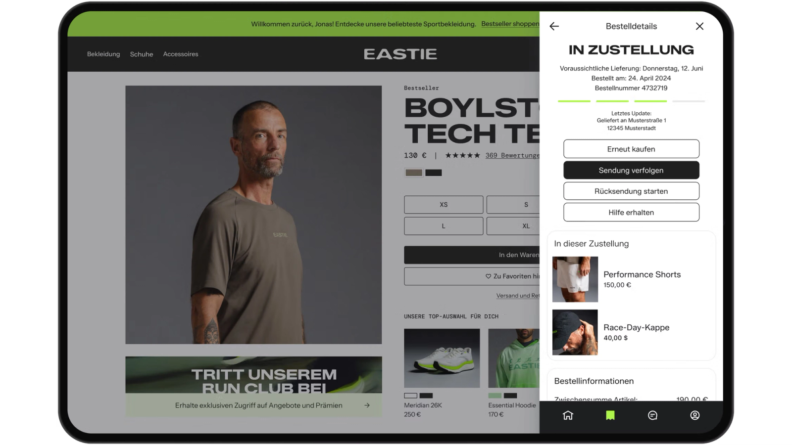 Ein Tablet zeigt die Produktseite für Sportbekleidung an, und ein Smartphone zeigt den Bildschirm zur Sendungsverfolgung.