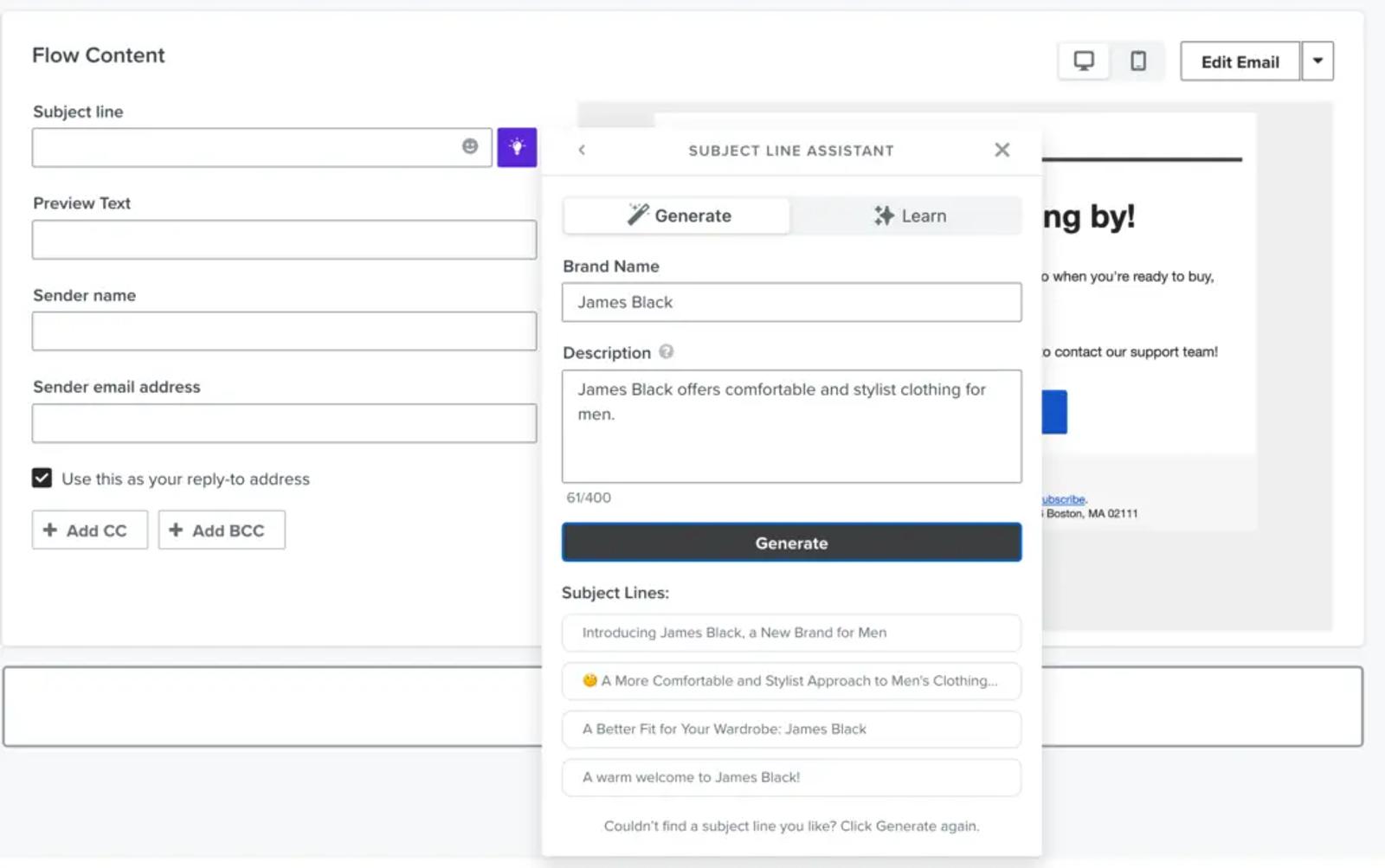 Flow content builder showing the subject line assistant tool with four recommended options