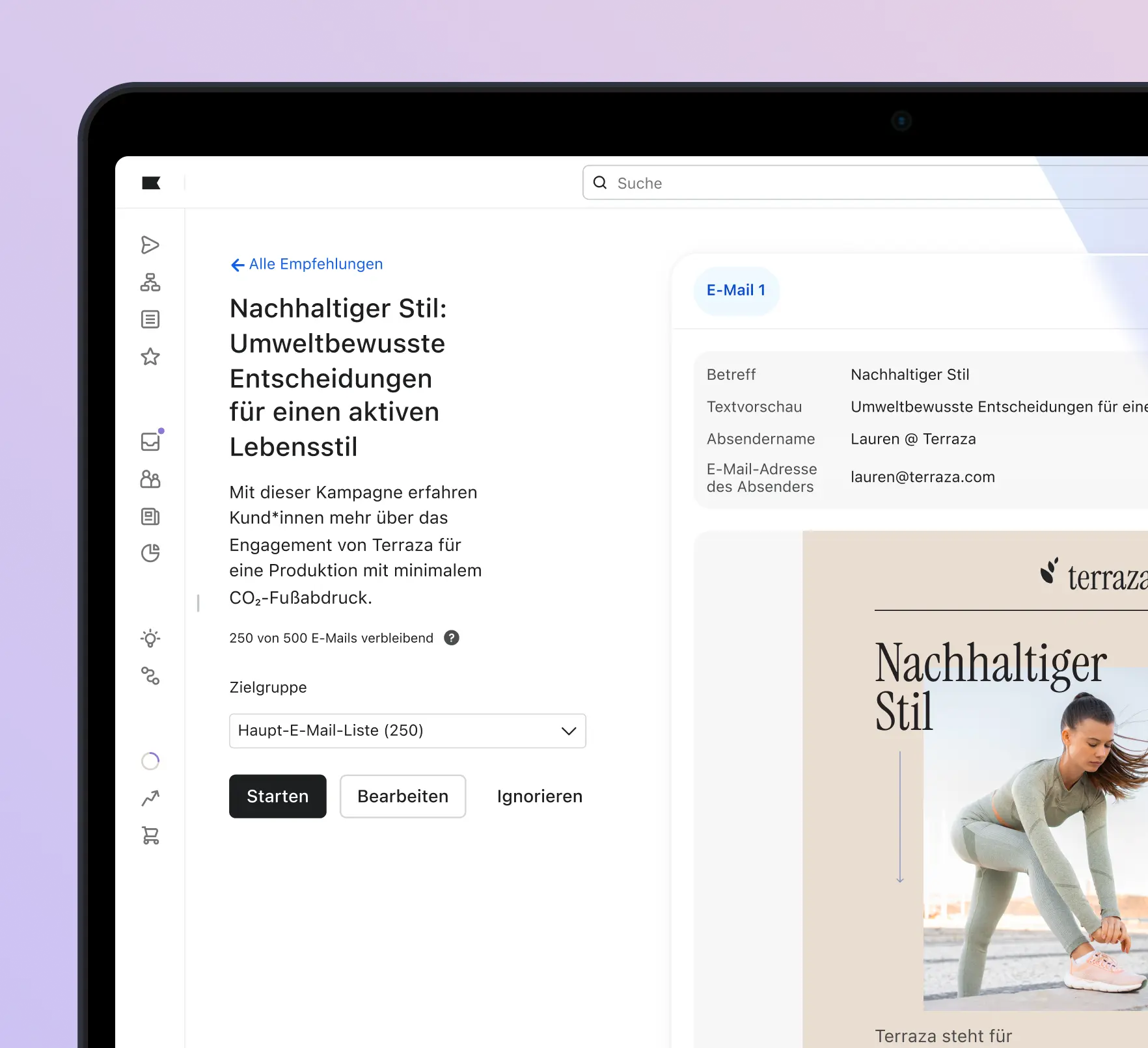 Laptopbildschirm zeigt eine E-Mail-Kampagne mit dem Titel "Nachhaltiger Stil: Umweltbewusste Entscheidungen für einen aktiven Lebensstil".