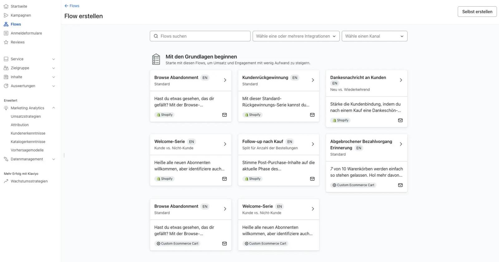 Klaviyo-Benutzeroberfläche zur Erstellung von E-Mail-Flows, zeigt vorkonfigurierte Optionen wie Kundenrückgewinnung und Willkommensserie.