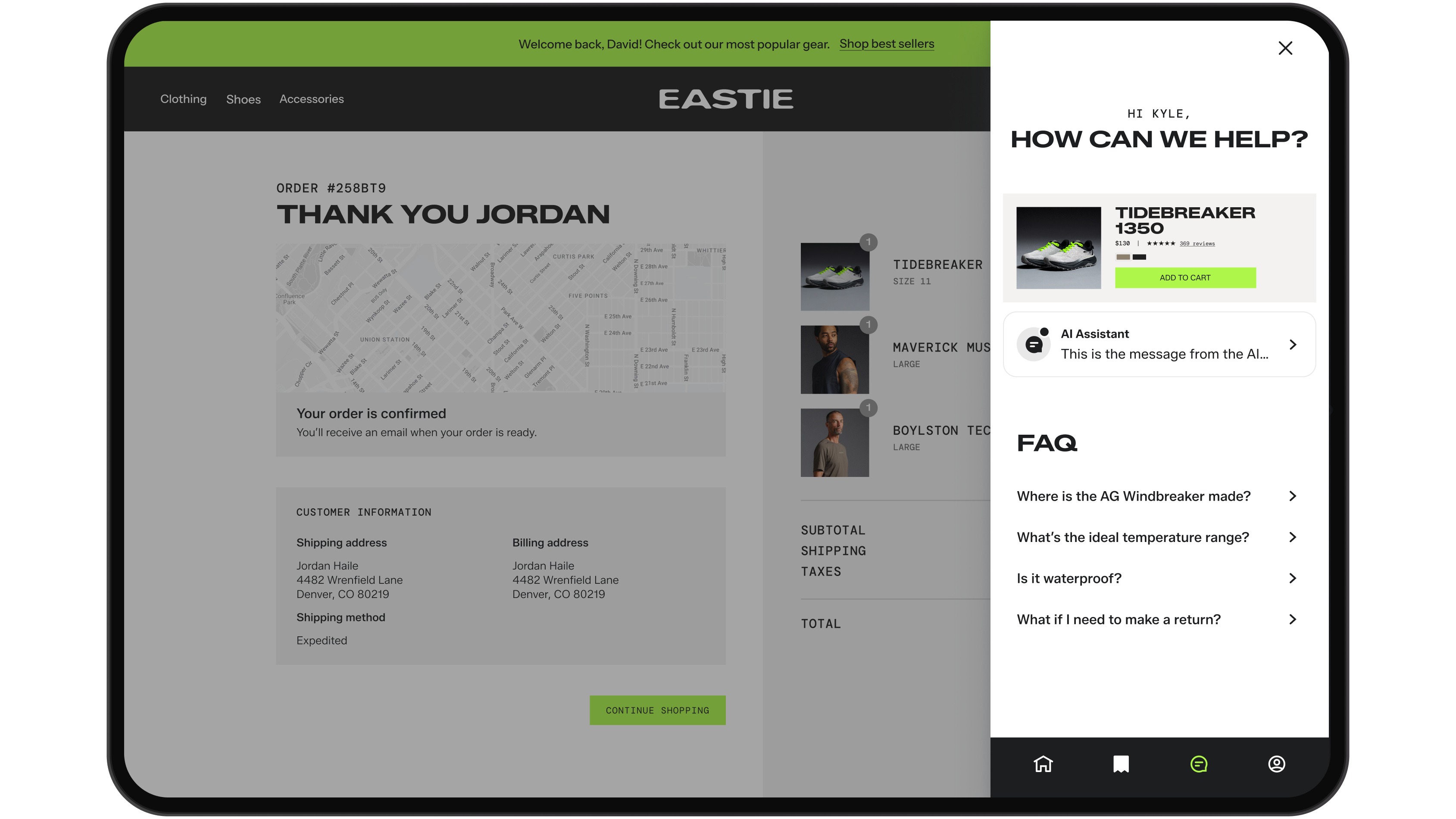 Mobile shopping app help panel with AI assistant, product recommendation, and FAQs beside an order confirmation.