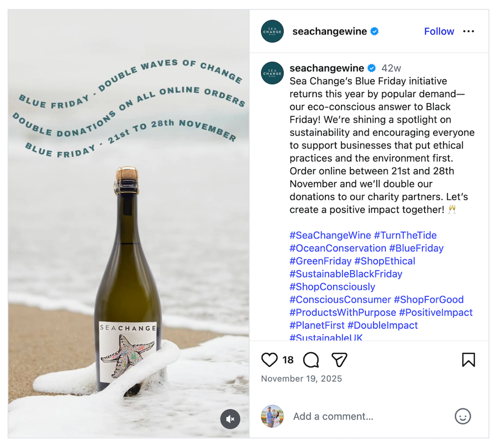 An Instagram post from Sea Change announcing the return of their Blue Friday initiative. The image shows a bottle of Sea Change sparkling wine, labeled with a starfish design, set against an ocean surf background on a sandy beach. Text arcs across the top of the image reading, “Blue Friday - Double Waves of Change," "Double Donations on all online orders," and "Blue Friday - 21st to 28th November." The caption explains that orders placed between November 21–28 will double Sea Change's donations to their ocean charity partners.