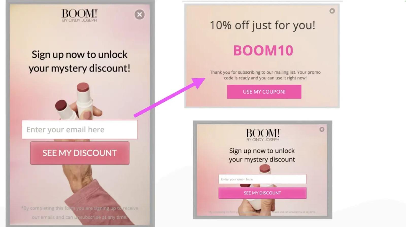 The image shows a multi-step Klaviyo form that Ezra Firestone uses on the website Boom! By Cindy Joseph. It asks for an email to see a discount, and then shows the consumer their discount -- a 10% off coupon.