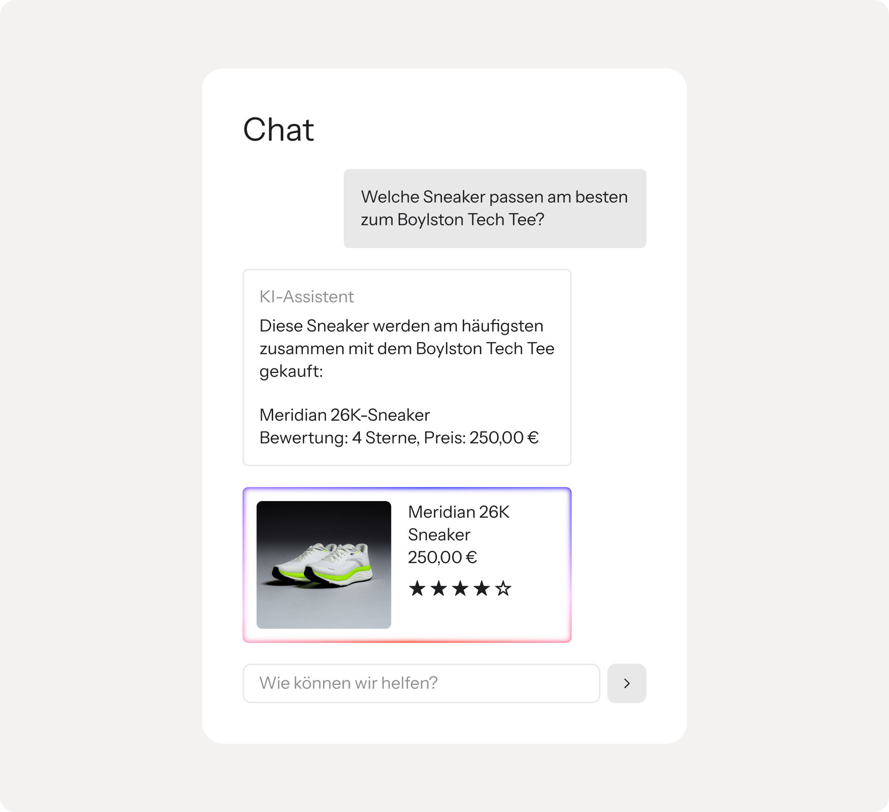 Chat interface showing a customer asking for sneaker recommendations to match a Boylston Tech Tee, with an AI assistant suggesting Meridian 26K sneakers, including price and rating.