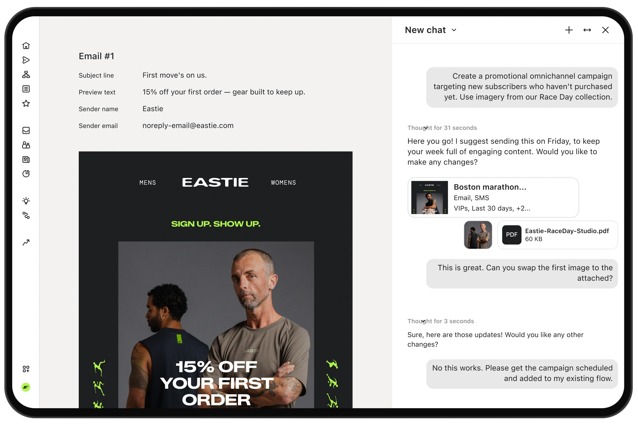 Email campaign editor showing a 15% off promotion beside an AI chat arranging updates and scheduling.