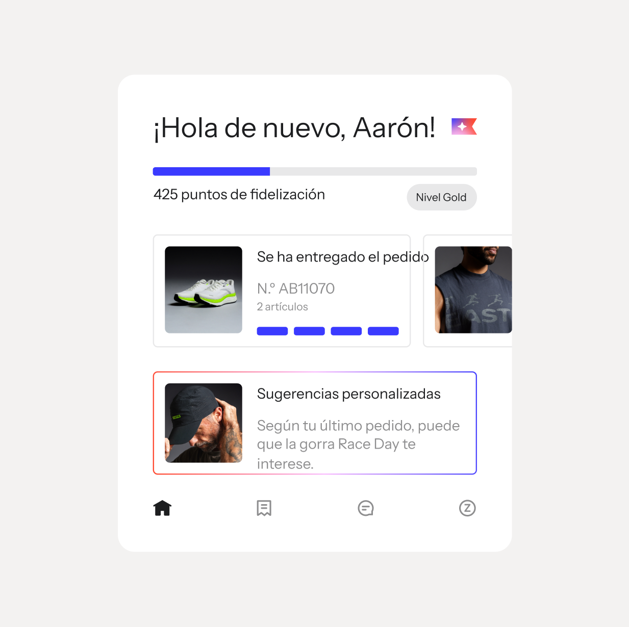 Mobile app screen showing a user dashboard with loyalty points, a delivered order notification, and personalized product suggestions for a cap.