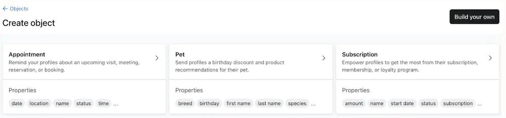 Interface for creating custom objects with options for Appointment, Pet, and Subscription, each with specific properties.