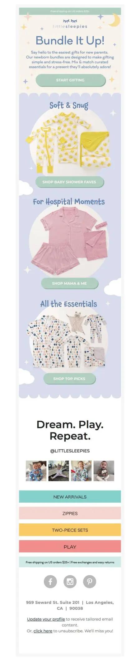 Image shows a colorful email featuring a crescent moon with stars and clouds above product shots for baby onesies. The header reads, “Bundle It Up!” with a green call to action button underneath that reads, “Start Gifting.”