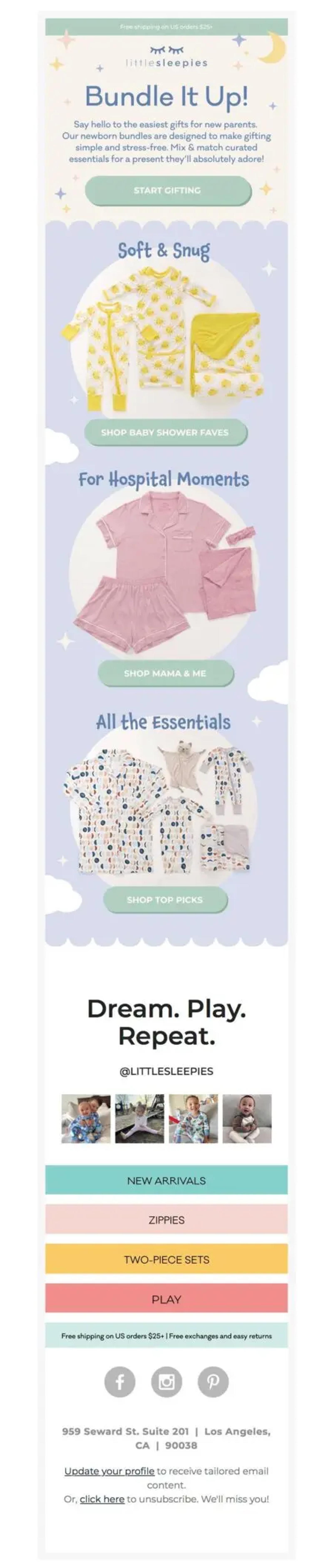 Image shows a colorful email featuring a crescent moon with stars and clouds above product shots for baby onesies. The header reads, “Bundle It Up!” with a green call to action button underneath that reads, “Start Gifting.”