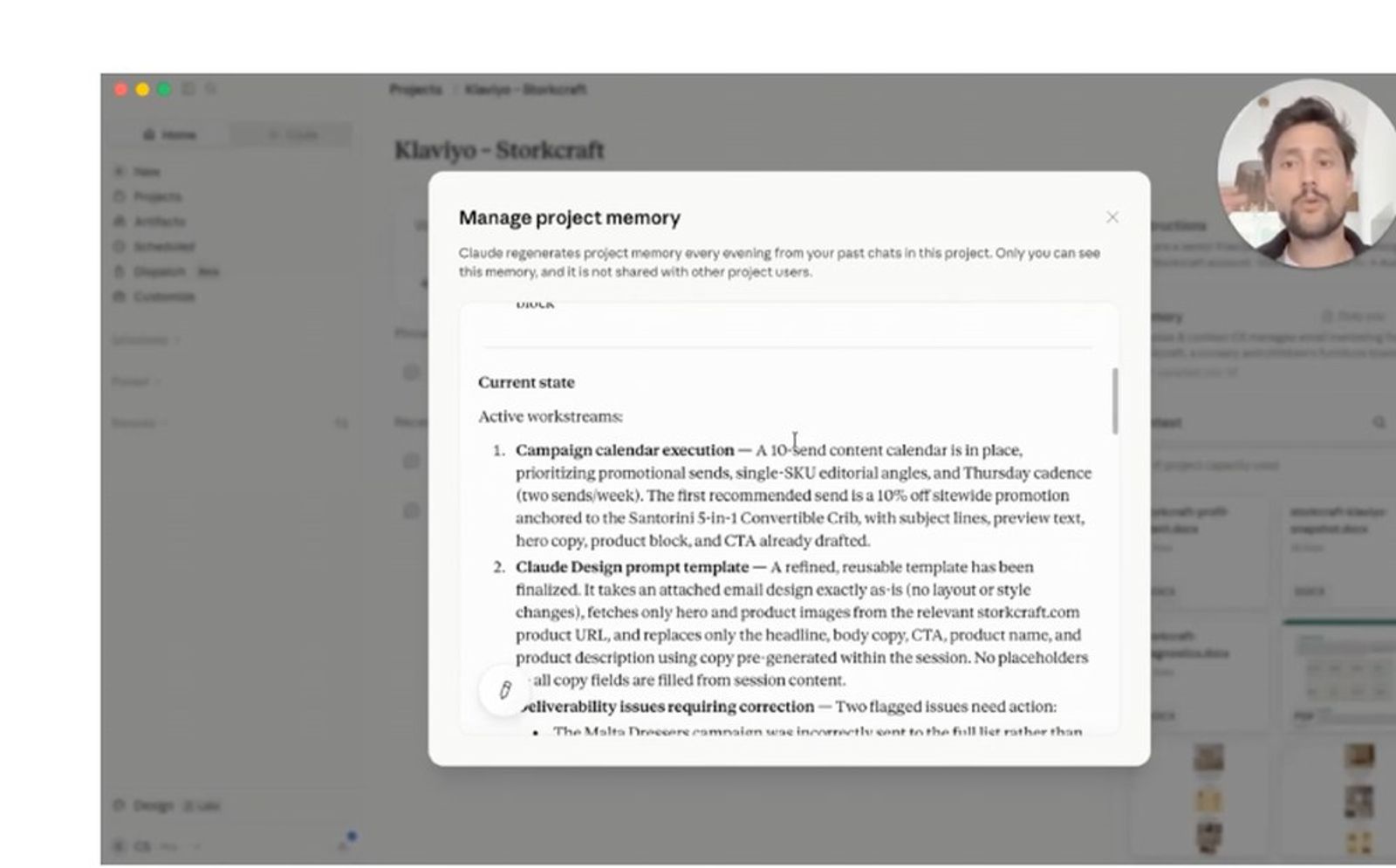 A computer screen displays a "Manage project memory" pop-up detailing active workstreams and issues, with a man visible on the right.