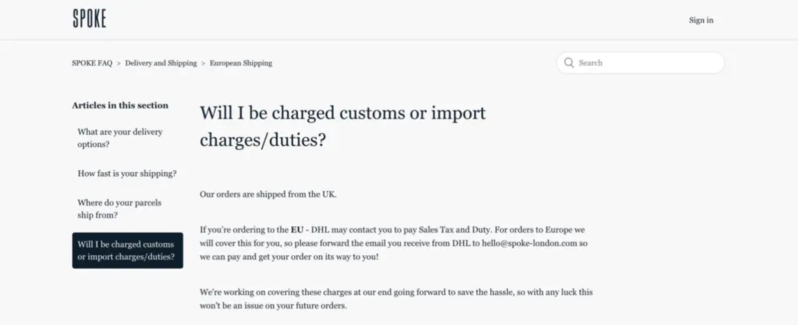 SPOKE Customs/Duties Webpage