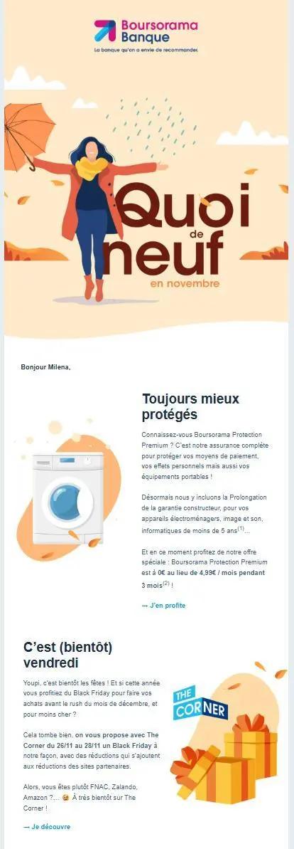 Visuel de la newsletter de Boursorama Banque annonçant une offre à venir pour le Black Friday, avec un ton léger, des visuels illustrés et un message centré sur l’anticipation des promotions via The Corner.