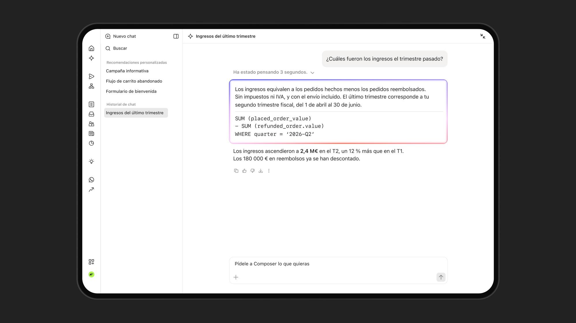A tablet displays an AI chat interface showing last quarter's revenue details, including calculation steps and a €2.4M total.