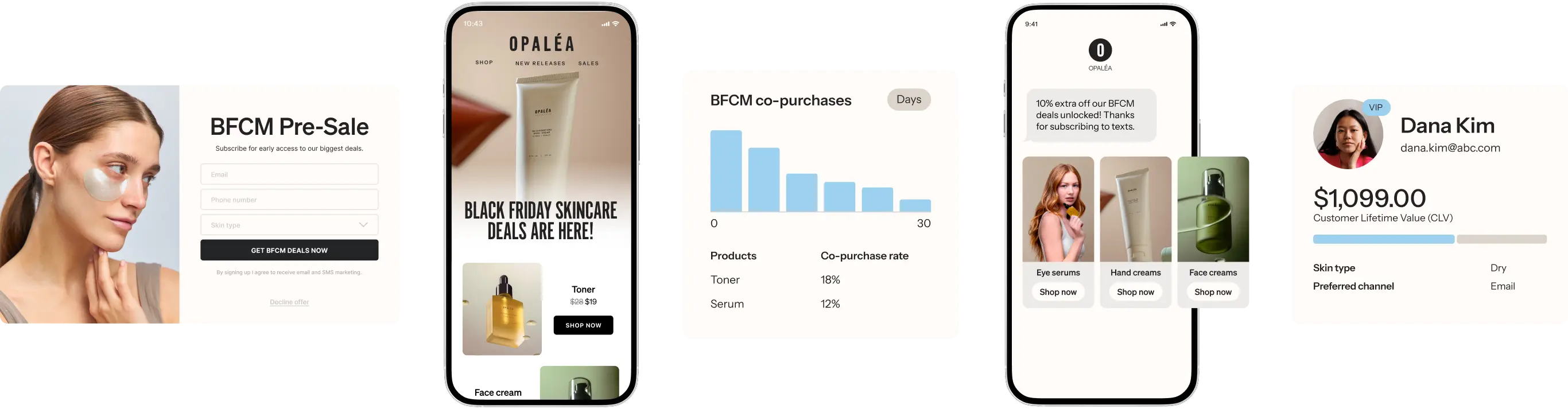 Collage of Black Friday skincare promotions, including a pre-sale signup, product discounts, co-purchase data, and customer profile.