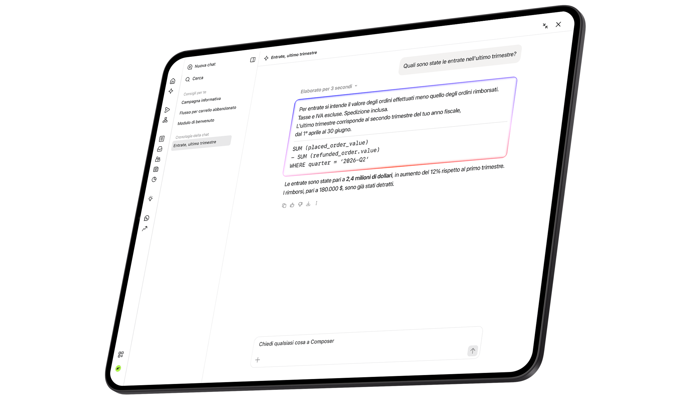 Interfaccia di chat con IA che risponde a una query sul fatturato con dettagli di calcolo e il risultato del secondo trimestre, pari a 2,4 milioni di dollari.